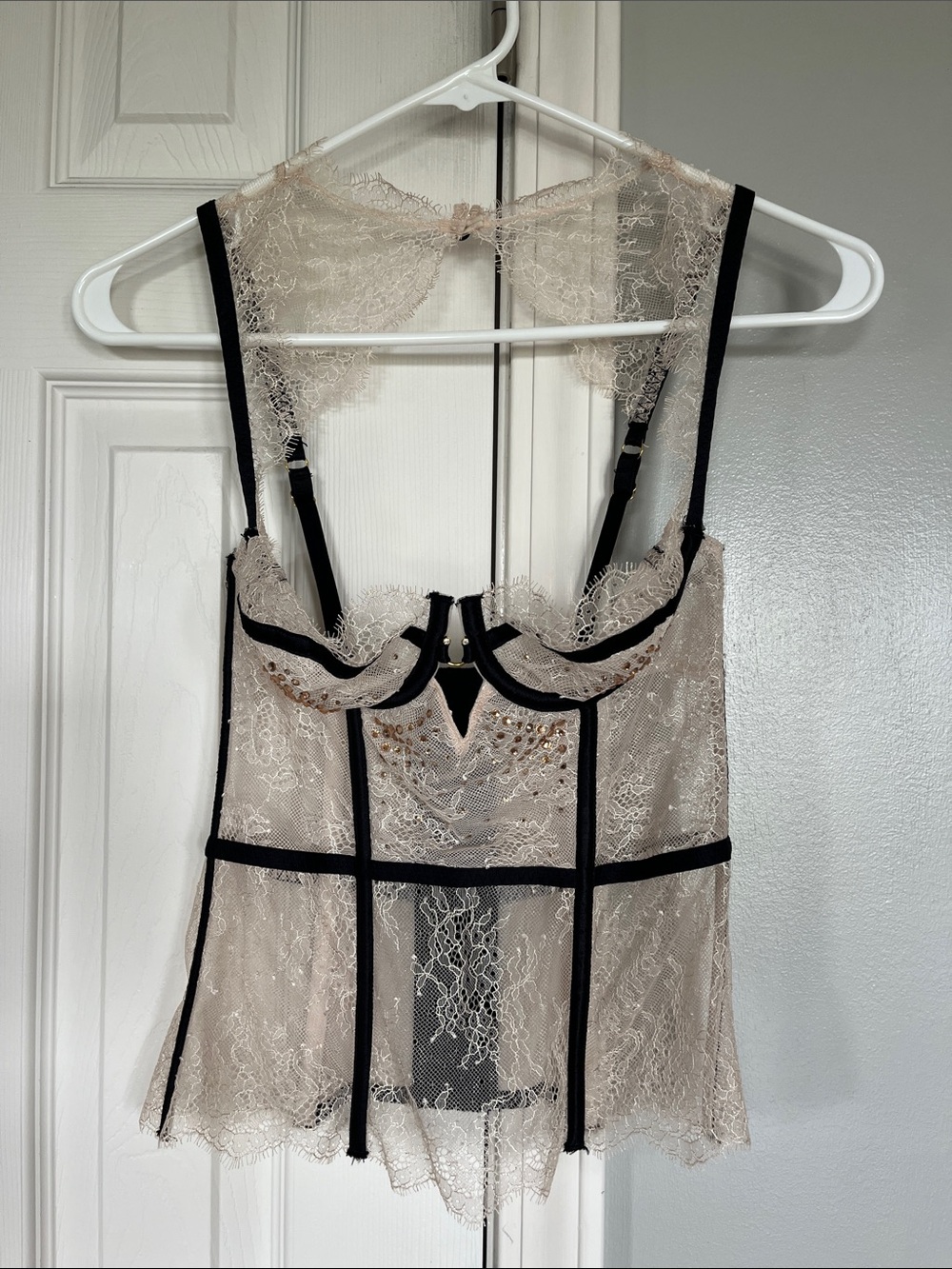 Victoria’s Secret Lace Sheer Bustier corset in Champagne with Black Trim no size